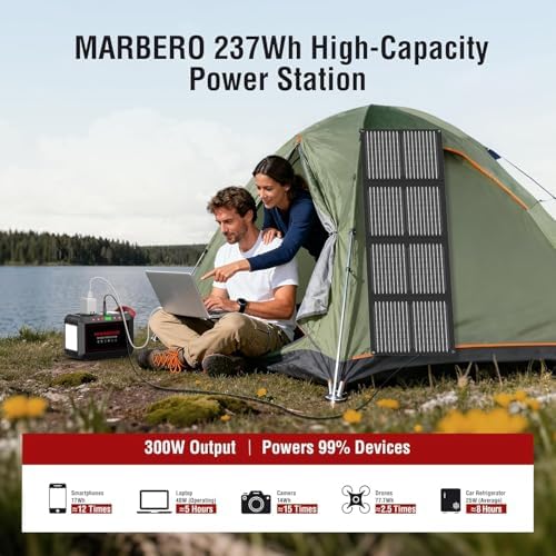 Portable Power Station 300W MARBERO 237Wh Camping Solar Generator Backup Lithium Battery with Pure Sine Wave 110V AC Outlet, USB C, USB A, DC for Outdoors Camping CPAP Home Blackout Emergency