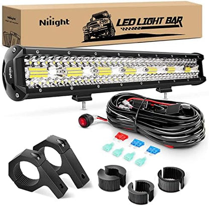 Nilight 20Inch 420W Triple Row Flood Spot Combo 42000LM Bar Driving Boat Led Off Road Lights with Mounting Bracket 16AWG Wiring Harness Kit