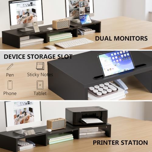 WALI Extra Long Wooden Dual Monitor Stand Riser with 2 Slots, up to 22lbs