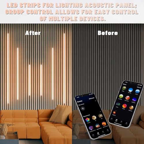 Lichaser 6 Pcs Smart Recessed Lighting for Acoustic Wall Panels, WiFi Warm White LED Strip Lights Compatible with Alexa, Self-Adhesive Black Aluminum LED for Wood Slat Wall Panels (2*16+2*24+2*36 in)