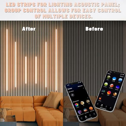 Lichaser 6 Pcs Smart Recessed Lighting for Acoustic Wall Panels, WiFi Warm White LED Strip Lights Compatible with Alexa, Self-Adhesive Black Aluminum LED for Wood Slat Wall Panels (2*16+2*24+2*36 in)