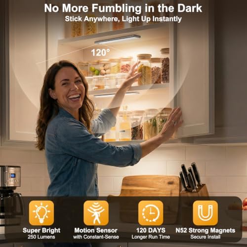 Reoshine Motion Sensor Light Indoor, 80 LED Under Cabinet Lighting Battery Operated with 3 Color Temps, 1800mAh Rechargeable Closet Lights Wireless for Kitchen, Pantry, Stair (2 Pack)