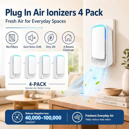 Plug In Negative Ion Ionizers 4 Pack, Filterless for Home, Air Purifier for Bathroom, Bedroom, Office, Kitchen, White
