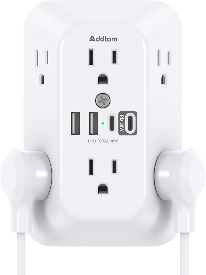 Addtam 6-Outlet Extender Surge Protector, Multi Plug Wall Outlet with 4 USB Wall Charger(PD 30W), Plug Extension Outlet with 1800J, Outlet Splitter Power Strip for Home Office, White