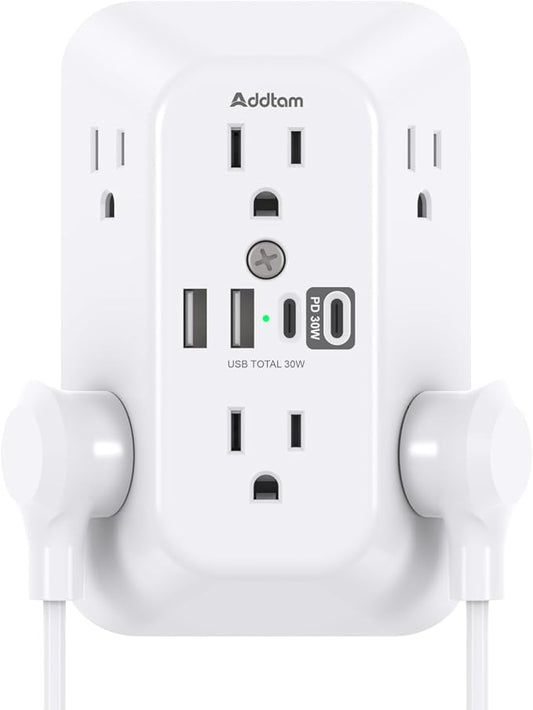 Addtam 6-Outlet Extender Surge Protector, Multi Plug Wall Outlet with 4 USB Wall Charger(PD 30W), Plug Extension Outlet with 1800J, Outlet Splitter Power Strip for Home Office, White