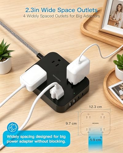 10 Ft Braided Extension Cord, Ultra-Thin Flat Plug, 4 Widely Spaced Outlets