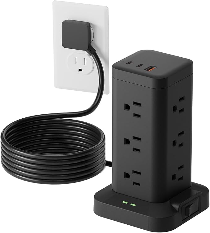 Power Strip Tower with Surge Protector 1800J, Fast Charging Tower PD20W USB-C Ports with 12 AC Outlets, Extension Cord for Home Office Dorm Room, 9.8ft, Black