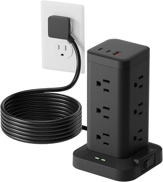 Power Strip Tower with Surge Protector 1800J, Fast Charging Tower PD20W USB-C Ports with 12 AC Outlets, Extension Cord for Home Office Dorm Room, 9.8ft, Black