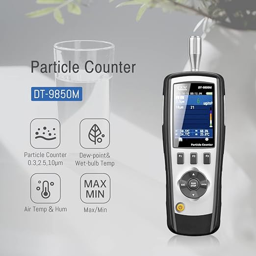 CEM DT-9850M PM2.5/10 Air Particle (0.3,2.5,10μm) with 2.8 inch TFT Color LCD Display Supports Photos and Camera, Temperature, and Humidity, Dust-Free Workshop and Hospital, etc