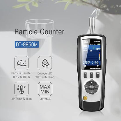 CEM DT-9850M PM2.5/10 Air Particle (0.3,2.5,10μm) with 2.8 inch TFT Color LCD Display Supports Photos and Camera, Temperature, and Humidity, Dust-Free Workshop and Hospital, etc