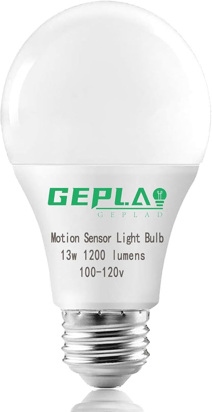 GEPLAD 4-Pack Upgrade Motion Sensor LED Light Bulbs 12W (100W Equivalent), A19 E26 Dusk to Dawn Bulb, Outdoor & Indoor, 5000K Daylight, 1200LM,Glass-Penetrating Sensor, Upward/Downward Mounting