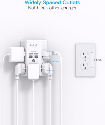 One Beat 1680J 3 Side Power Strip Multi Plug Expander, Surge Protector, 5 Outlets Extender, 4 USB Ports (USB C), Wall Mount Charger, Outlet Splitter Adapter for Home, Travel, Office, ETL Listed, White