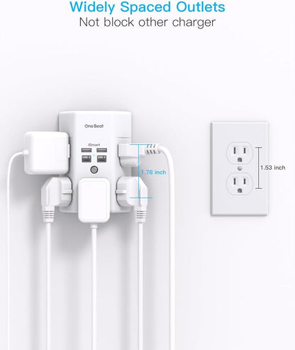 One Beat Surge Protector Wall Outlet Extender, 5 Outlets & 4 USB Ports (20W USB-C PD), 1680J, 3-Sided Multi Plug Outlet Adapter, Outlet Splitter, Wall Mount, ETL Listed for Home Office Travel-White
