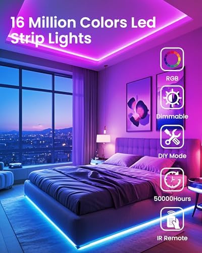 VOLIVO LED Strip Lights for Bedroom 200ft(2 Rolls of 100 ft), Smart Bluetooth RGB Light Strips with App Control & Music Sync, Color Changing LED Lights for Room, Home, Party Decor