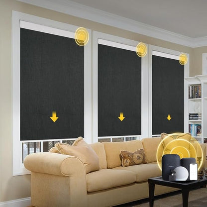 Motorized Smart Blinds With Remote, Grasscloth Fabric Roller Shades With Valance Cover, Cordless Automatic Blackout Electric Blinds for Windows, Black 23" W x 72" H