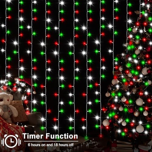 echosari Red White and Green Christmas Curtain Lights Battery Operated