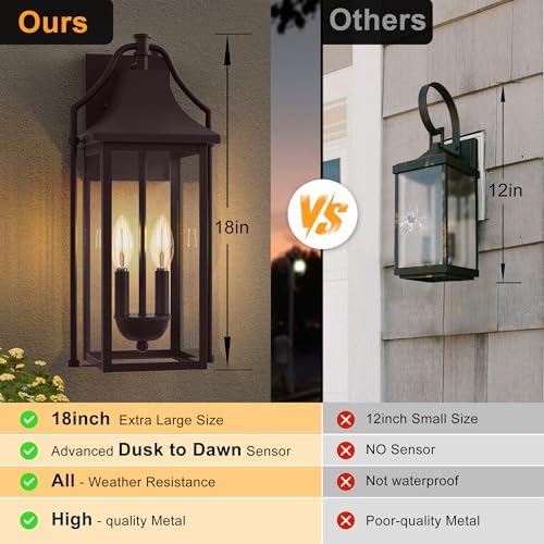 18IN Dusk to Dawn Outdoor Wall Sconce, 2-E12 Base Porch Light