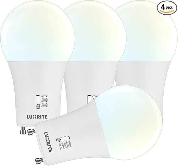 LUXRITE A19 GU24 LED Bulb, 60 Watt Equivalent, CRI90, 5CCT 2700K 3000K 3500K 4000K 5000K, Dimmable, 800 Lumens, 2 Prong Twist Lock Light Bulbs, 9W, GU24 Base, Damp Rated, ETL Listed (4 Pack)