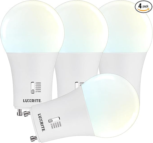 LUXRITE A19 GU24 LED Bulb, 60 Watt Equivalent, CRI90, 5CCT 2700K 3000K 3500K 4000K 5000K, Dimmable, 800 Lumens, 2 Prong Twist Lock Light Bulbs, 9W, GU24 Base, Damp Rated, ETL Listed (4 Pack)