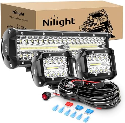 Nilight LED Light Bar Set, 12 Inch 300W Triple Row Spot Flood Combo Work Driving Lamp, 2 Pcs 4 inch 60 W with Wiring Harness for Off road ATV Boat Lighting, Year Warranty
