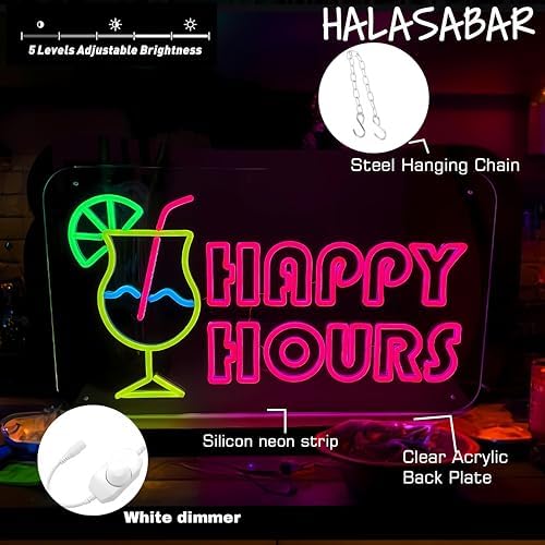 Happy Hours Neon Sign, USB 5V Powered LED Silicone Strip Neon Light, Acrylic Board Wall Decor for Bar Pub Man Cave Home Party, Non-Waterproof Indoor Use Only