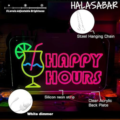 Happy Hours Neon Sign, USB 5V Powered LED Silicone Strip Neon Light, Acrylic Board Wall Decor for Bar Pub Man Cave Home Party, Non-Waterproof Indoor Use Only