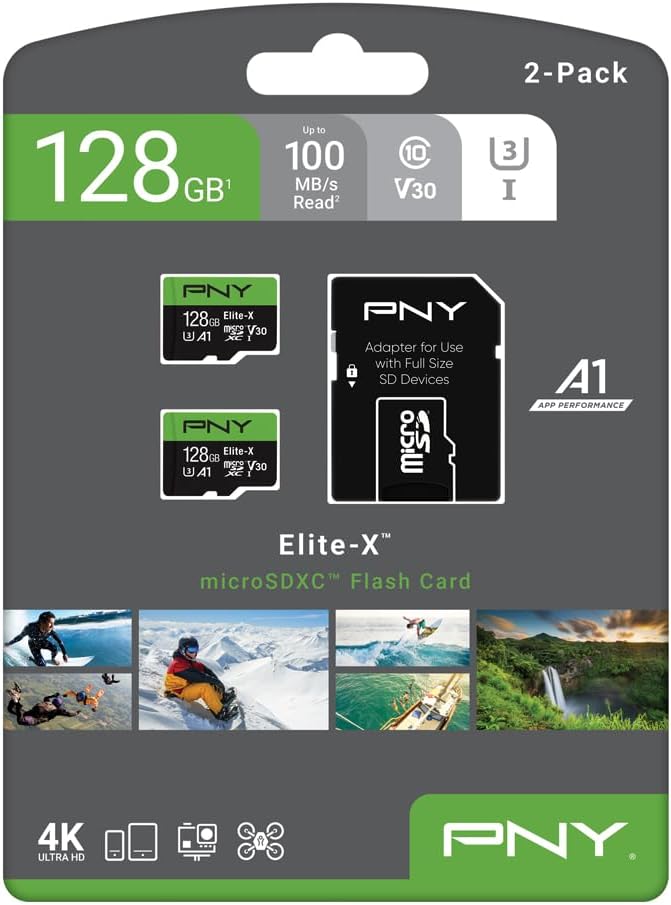 PNY 128GB Elite-X™ Class 10 U3 V30 A1 microSDXC Flash Memory Card - Up to 100MB/s Read, 4K UHD, Full HD, UHS-I, Smooth Content Capture, for Smartphones, Drones, Tablets, 2-Pack