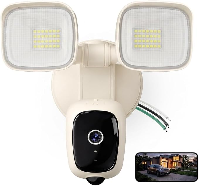 2K Wired Security Floodlight Camera, 3500LM Dual-Head Outdoor Security Camera with Color Night Vision, PIR Motion Detection, 105dB Siren, Two-Way Audio, Compatible with Alexa & Google, Cream