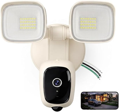 2K Wired Security Floodlight Camera, 3500LM Dual-Head Outdoor Security Camera with Color Night Vision, PIR Motion Detection, 105dB Siren, Two-Way Audio, Compatible with Alexa & Google, Cream