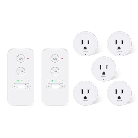 Greencycle Remote Control Outlet Plug, Remote Light Switches Wireless Indoor, Outlet Timer Indoor, No Interference No Wiring, 15A/1500W, 500ft RF Range, Compact Design, Programmable, 2Remotes 5Outlets