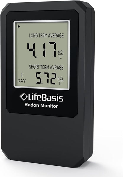LifeBasis Radon Detector, Radon Test for Home with Long and Short Term Radon Meter, Home Radon Gas Monitor US Version-pCi/L (Update Version, Matte Black)