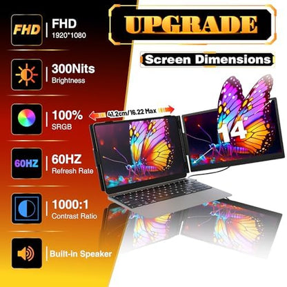 Laptop Screen Extender 0.27" Ultra-Thin, 14" FHD 1080P IPS Lightweight Dual Portable Monitor, USB-C/HDMI Plug & Play for 14-17" Laptops, Travel screen compatible with Windows/Mac/Chrome/Switch/Android