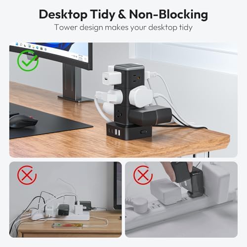 NTONPOWER 15 FT Power Strip Surge Protector Tower, Mini Flat Plug Power Strip Tower, 12 AC & 4 USB (2 USB C), 1625W / 13A Overload Protection, 1080J Surge Protector Tower for Home Office Dorm Room