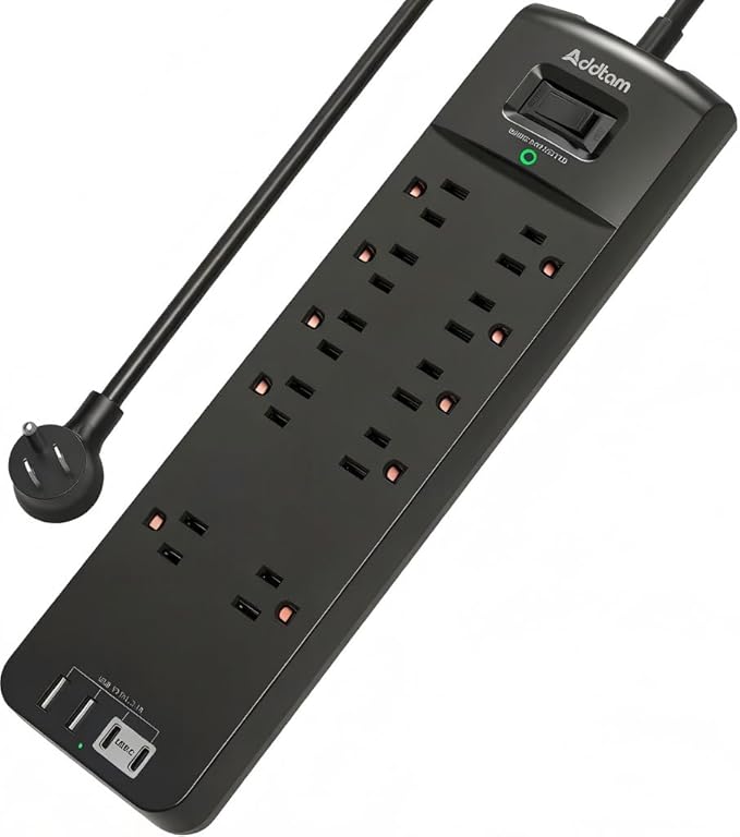 Addtam Power Strips with Surge Protection, 15FT Long Extension Cord with Multiple Outlets, Surge Protector Power Strip with 10 Outlets and 4 USB Ports(2 USB C), Flat Plug, 2700J, Black