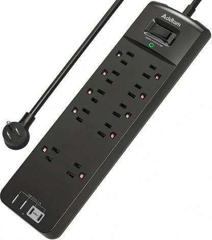 Addtam Power Strips with Surge Protection, 15FT Long Extension Cord with Multiple Outlets, Surge Protector Power Strip with 10 Outlets and 4 USB Ports(2 USB C), Flat Plug, 2700J, Black