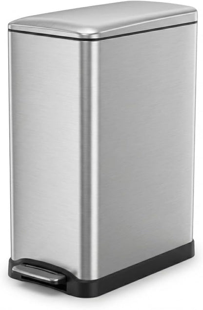 Home Zone Living 13 Gallon Slim Kitchen Trash Can with Dual Compartments for Trash and Recycling, Soft Close Lid, Step Pedal, Stainless Steel, Silver