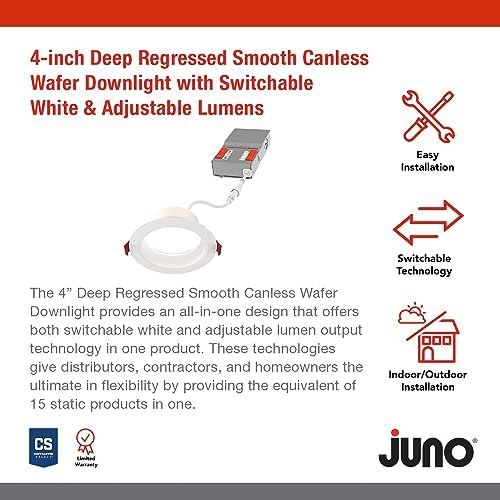 Juno 4" Canless Wafer LED Light, 5-in-1 CCT, Deep Regressed Smooth Trim