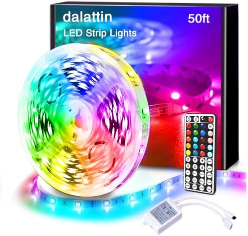 dalattin Led Lights for Bedroom 50ft, RGB 5050 Led Strip Lights Color Changing Kit with 44 Keys Remote Controller and 12V Power Supply Led Light Strips Indoor Decoration