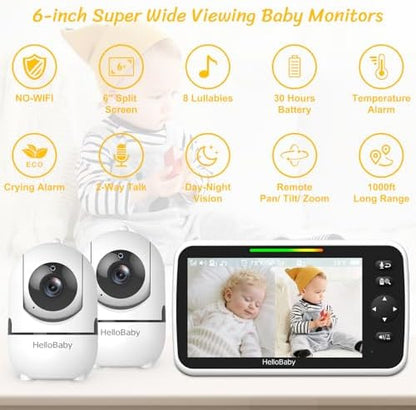 HelloBaby 6" Split Screen No WiFi Baby Monitor 2 Cameras & Audio, 30H ECO