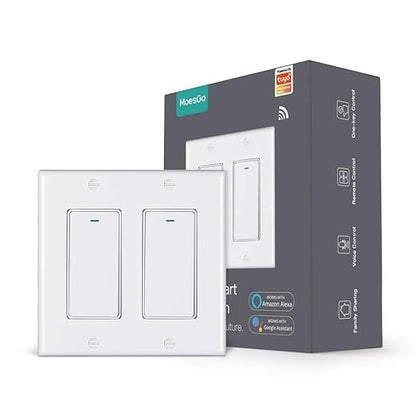 MoesGo WiFi Wall Push Button Smart Light Switch,Multi-Control, 2.4GHz WiFi Light Switches, Neutral Wire Required,Remote Control Smart Life/Tuya, Work with Alexa,Google Home White 2 Gang