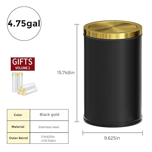 Black and Gold Bathroom Trash Can,Bathroom Garbage can with Swing Lid，Small Trash Can with Flipping Lid, 4.8gal Garbage cans for Bedroom,Living Room, Guest Room,Office,Hotel(4.7gal-Black)
