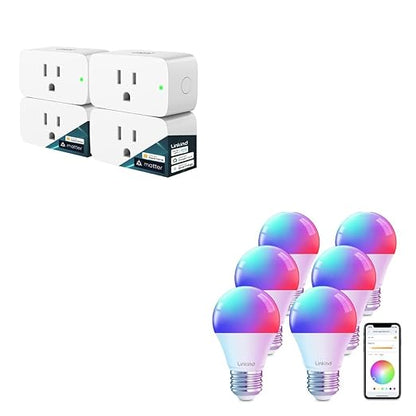 Linkind Color Changing Smart WiFi Light Bulbs, Compatible with Alexa & Google Home Bundle with Linkind Matter Smart Plug, Work with Apple Home, Siri, Alexa, Google Home, SmartThings
