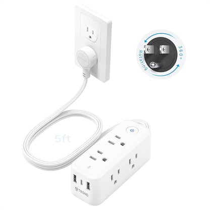 TROND 360° Rotating Flat Plug Power Strip, 6 Widely Spaced Outlets, 2 USB A and 1 USB C, 1440J Surge Protector, Wall Mountable, Extension Cord 5ft for Home Travel Office Dorm Room Essentials, White