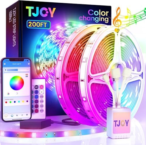 TJOY 200ft Bluetooth LED Strip Lights, Long Strip Lighting Music Sync, RGB Color Changing LED Lights for Bedroom with Remote,Smart Phone APP Control, Ceiling Living Room Decor (APP+Remote+Mic/2 Roll)