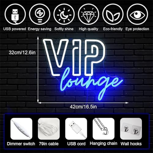 Horseneon VIP Lounge Neon Signs for Wall Decor, VIP Neon Lights Signs for Room Decor, Led Light Up Sign with USB Powered for Bar, Hotel, Cafe, VIP Room, Home Decoration (Blue&White)