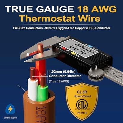 18/3 Thermostat Doorbell HVAC Wire, True Gauge 18 AWG 3 Conductor Solid Copper Control Cable, ETL Listed CL3R/CMR Riser Rated Flame-Retardant, RoHS, for 0-30V Low Voltage Systems - 50FT