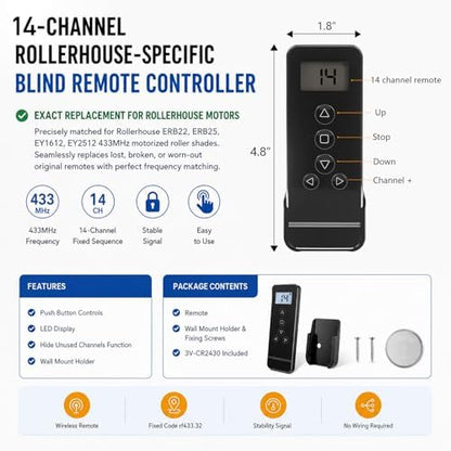 15-Channel Blind Remote Controller, Black -Replacement for Motorized Roller Shades, Window Blinds & Shades - Compatible with Rollerhouse ERB22,ERB25, EY1612, EY2512 Motors