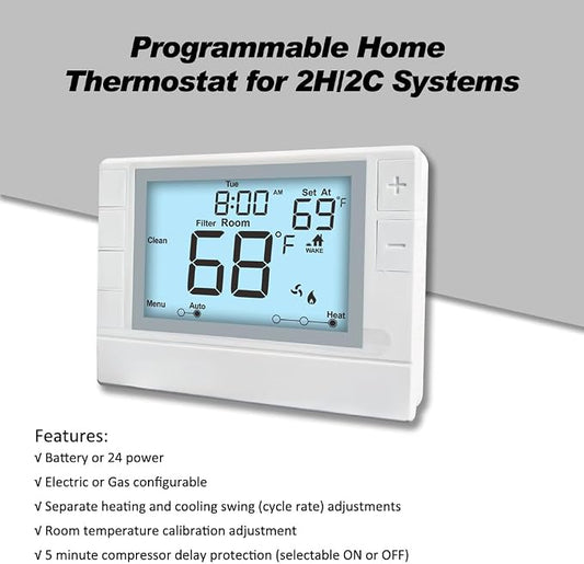 Programmable Thermostat, Thermostat for Home HVAC Systems,Multi-Stage, 2 Heat/2 Cool, White Backlight