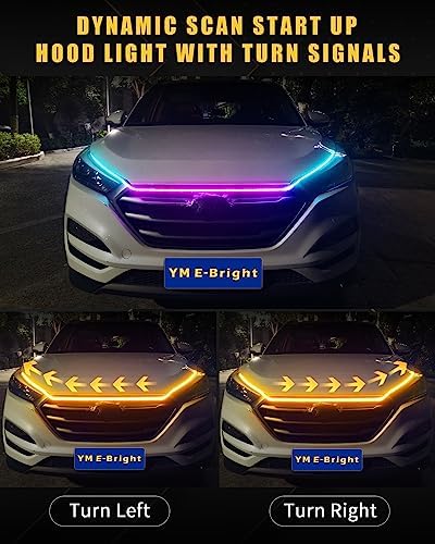 YM E-Bright LED Hood Light Strip, 79in RGB App Control Dynamic Scan DRL 12V