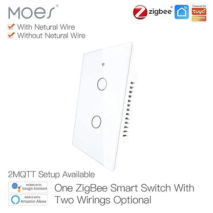 MOES ZigBee Smart Touch Wall Light Switch,Requires Tuya ZigBee Hub,No Neutral Wire/N+L Wiring,No Capacitor,Smart Life Tuya 2/3 Way Remote Control, Work with Alexa Google Home, 2MQTT,2 Gang White